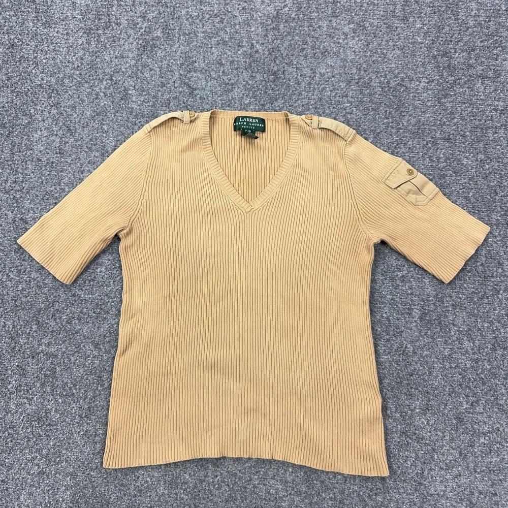 Lauren Ralph Lauren Sweater Petites P/P Beige V Neck Short Sleeve Pocket Knit